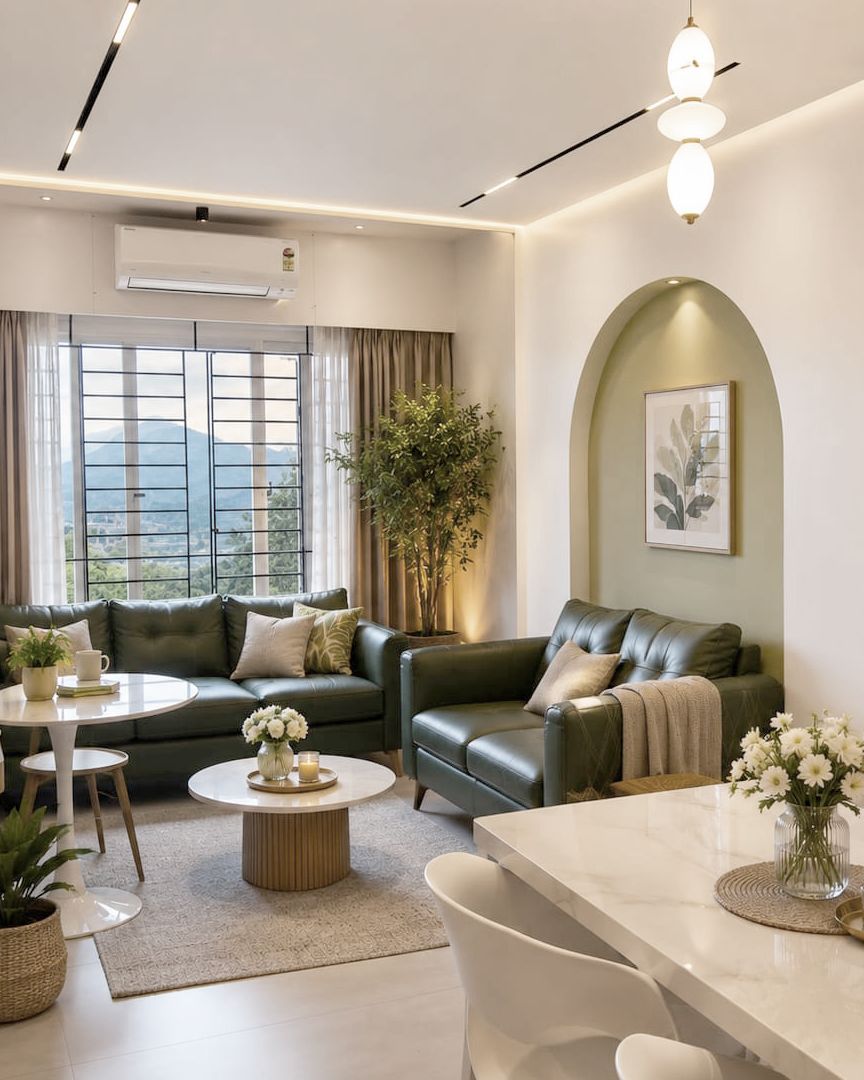 Living and dining room with dark green leather sofas, a sage-green arched niche and hill views through steel-framed windows