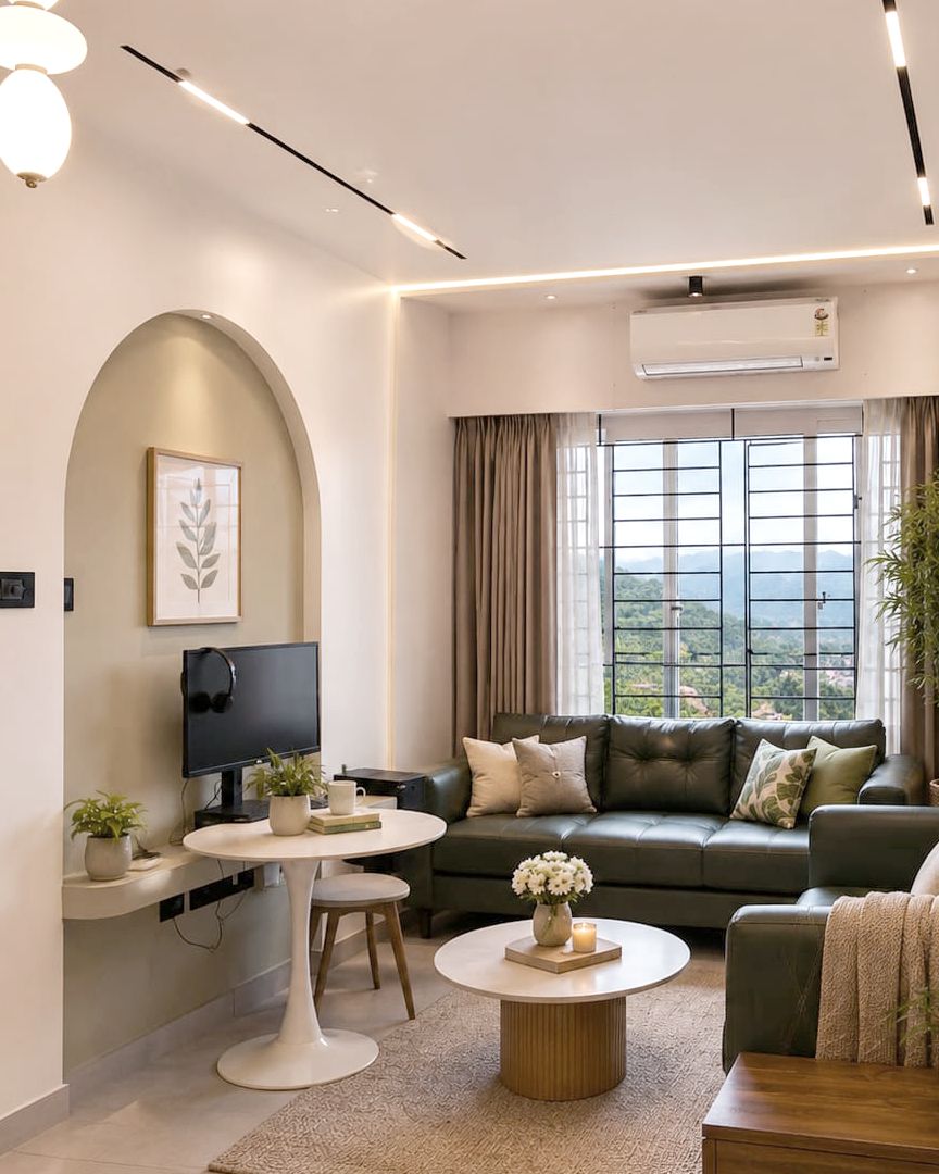 The finished living room with a green leather sofa, an arched niche housing the television and a curtained window onto the hills