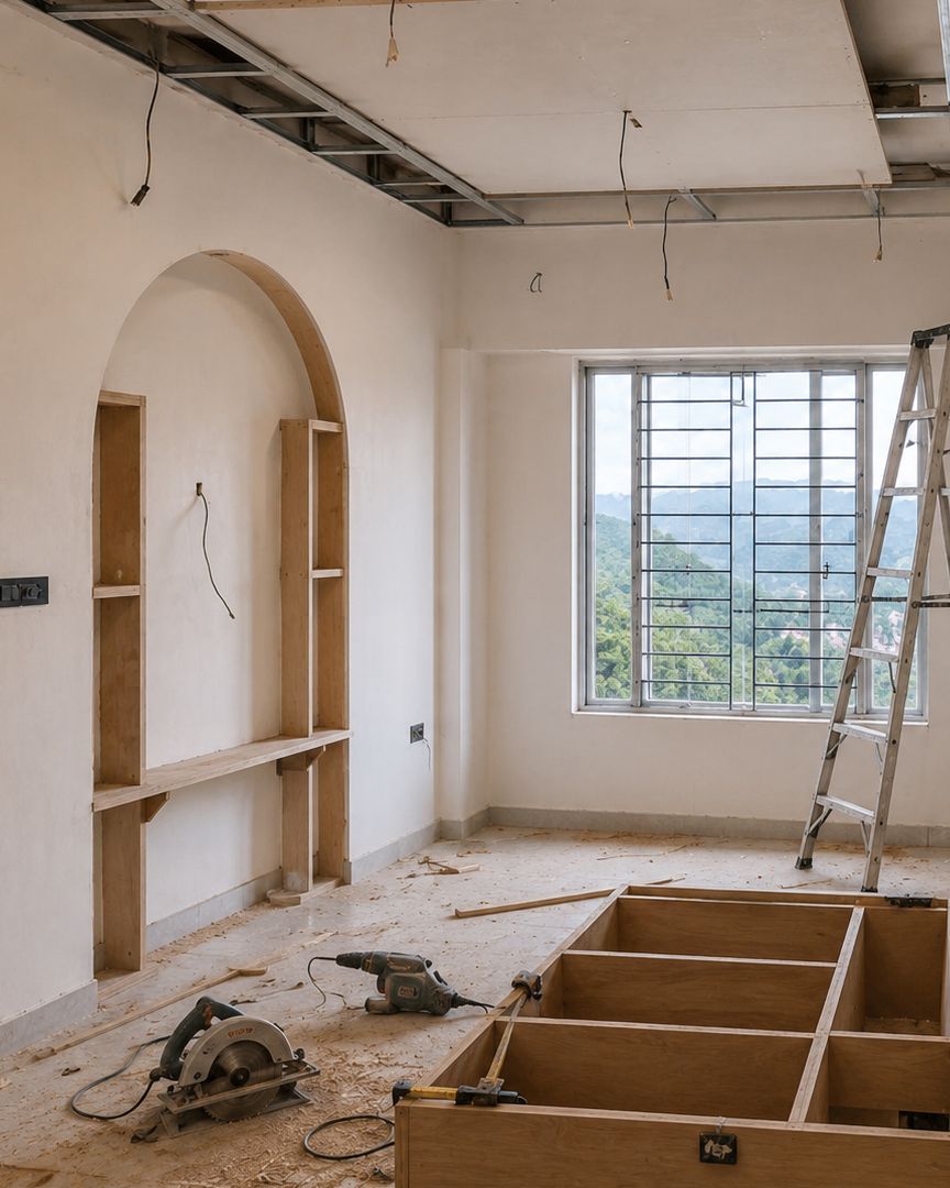 The same living room before work: bare plaster walls, an exposed ceiling grid, a raw plywood arch frame and tools across the floor