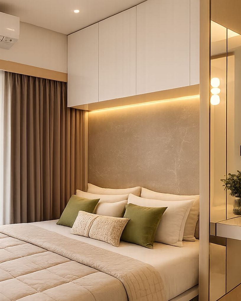 Bedroom with overhead white wardrobes, a stone-finish headboard lit by a warm cove and a mirrored dresser alongside